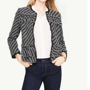 Ann Taylor Tweed Boucle Fringe Layered Peplum Jacket Black/White